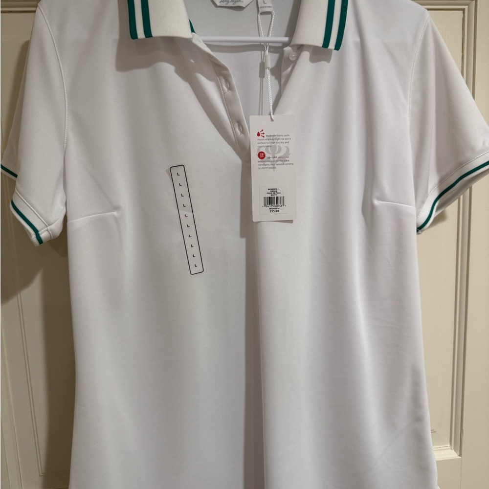 Lady Hagen White Polo Tee with Green Stripe Trim